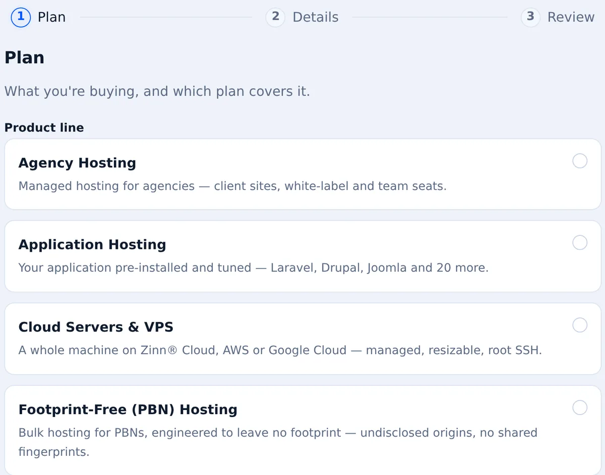 The Create a site screen of the Zinn Digital® dashboard, offering agency, application, cloud, Footprint-Free and reseller hosting